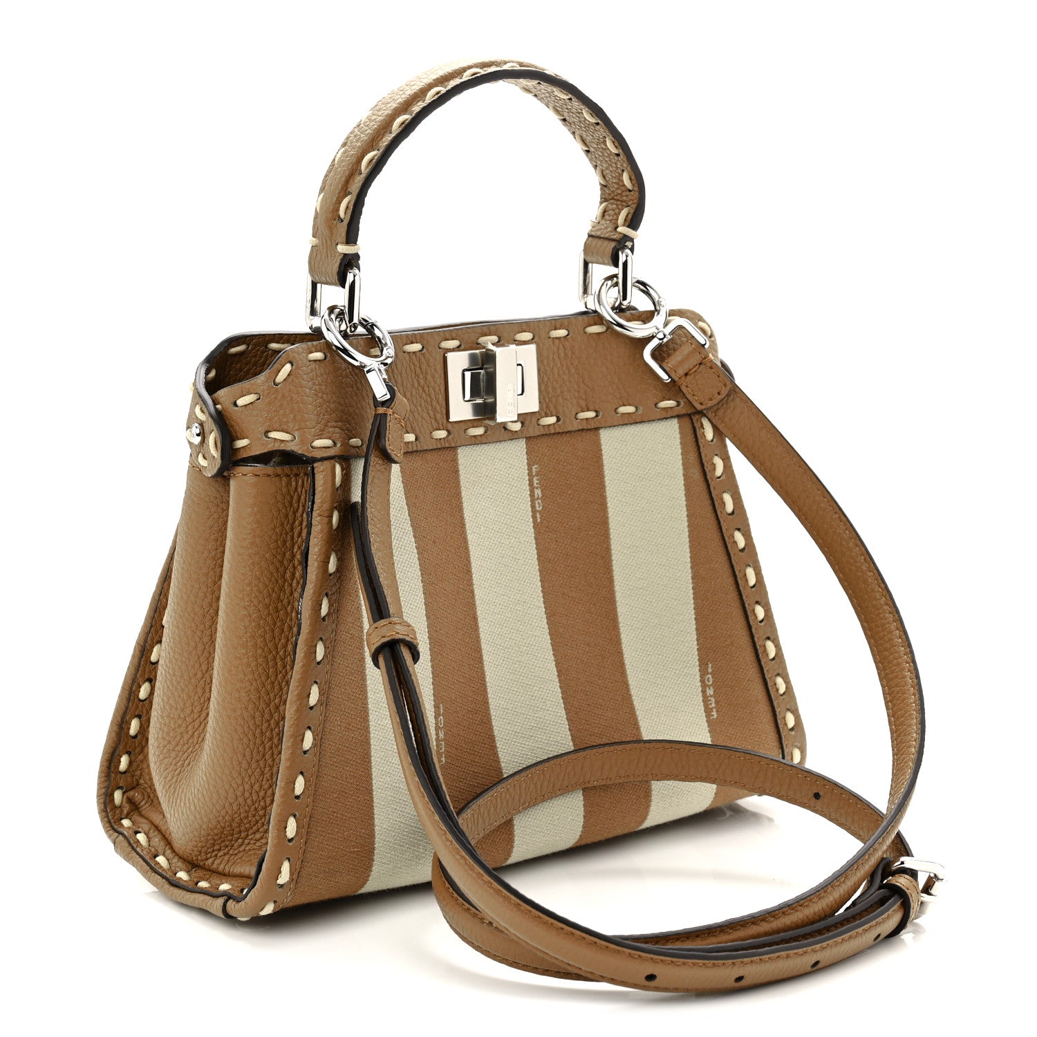 Fendi Cuoio Romano Canvas Pequin Striped Selleria Mini Peekaboo Iconic Satchel Beige Sand