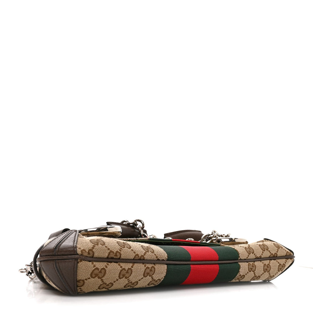 Gucci Monogram Textured Dollar Calfskin Heavy Grosgrain Web Medium Maxi Horsebit Chain Shoulder Bag Beige Ebony New Acero