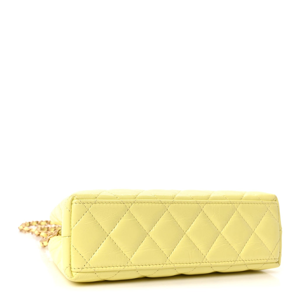 Chanel Shiny Aged Calfskin Quilted Nano Kelly Shopper Light Yellow
