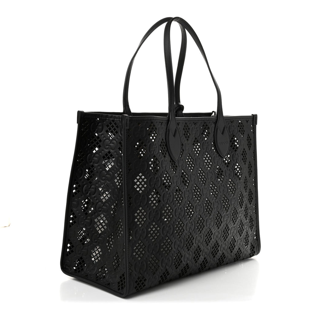 Gucci Calfskin GG Monogram Diamond Cut Medium Ophidia Tote Bag Black