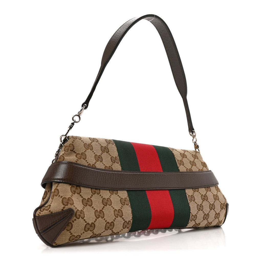 Gucci Monogram Textured Dollar Calfskin Heavy Grosgrain Web Medium Maxi Horsebit Chain Shoulder Bag Beige Ebony New Acero