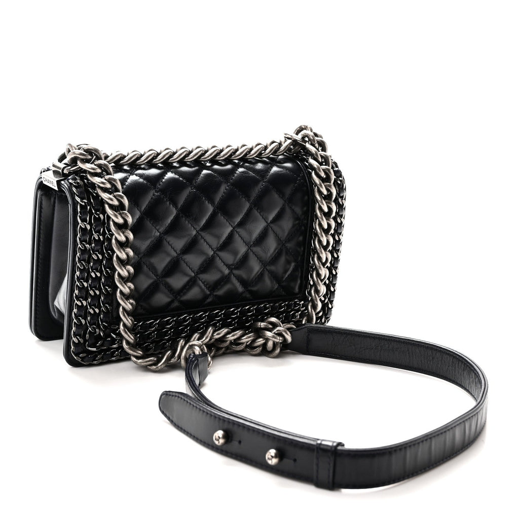 Chanel Glazed Calfskin Quilted Small Boy Chained Flap Navy
