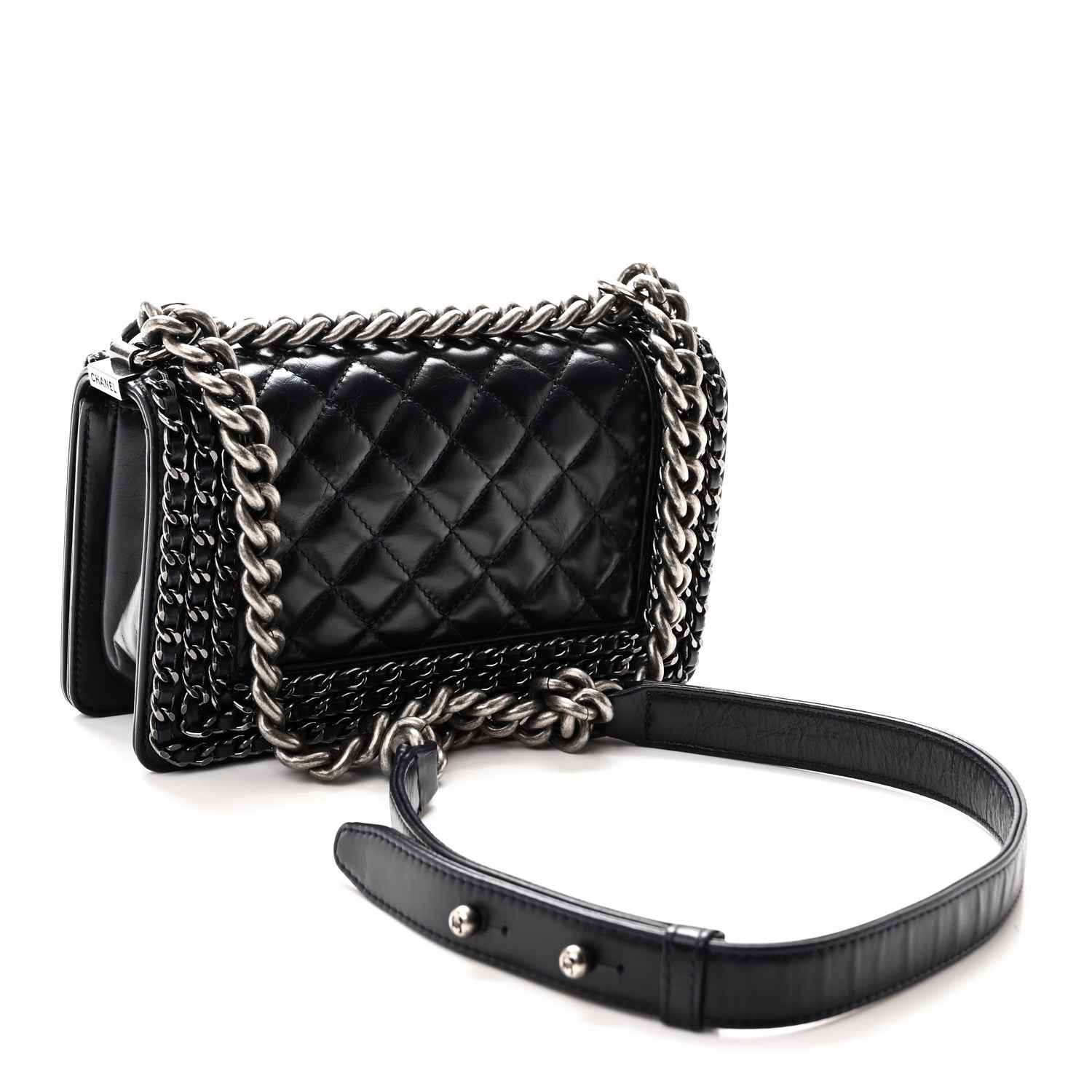 Chanel Glazed Calfskin Quilted Small Boy Chained Flap Navy