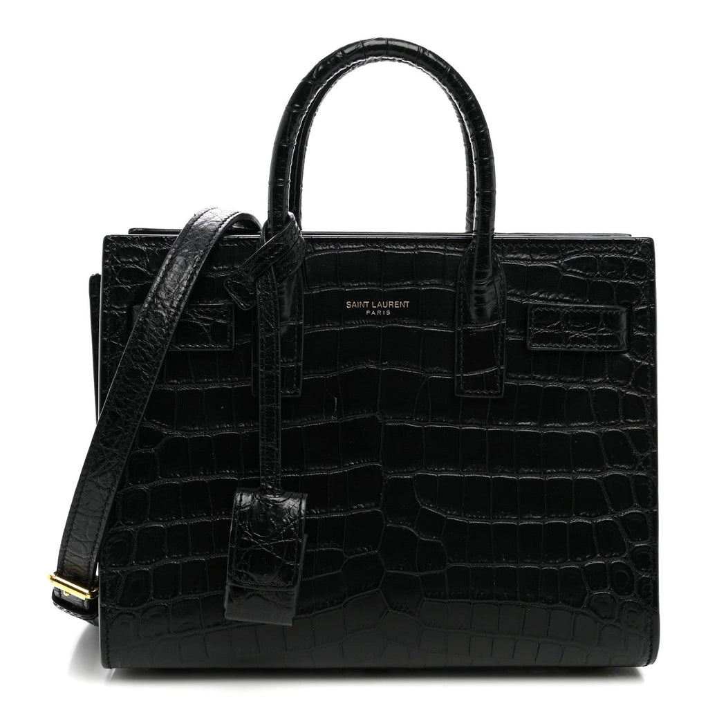 Saint Laurent Calfskin Crocodile Embossed Nano Sac De Jour Black