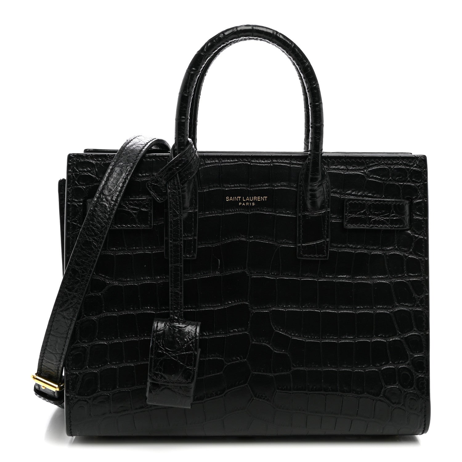 Saint Laurent Calfskin Crocodile Embossed Nano Sac De Jour Black