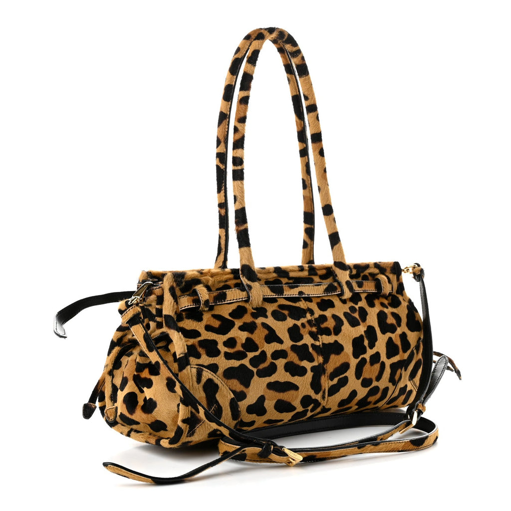 Prada Pony Hair Leopard Print Triangle Medium Bonnie Shoulder Bag Honey