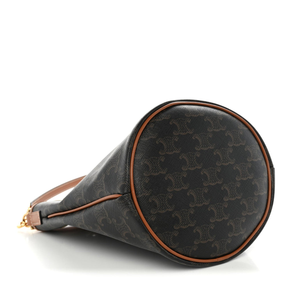 Celine Triomphe Canvas Calfskin Teen Clara Drawstring Bucket Bag Tan