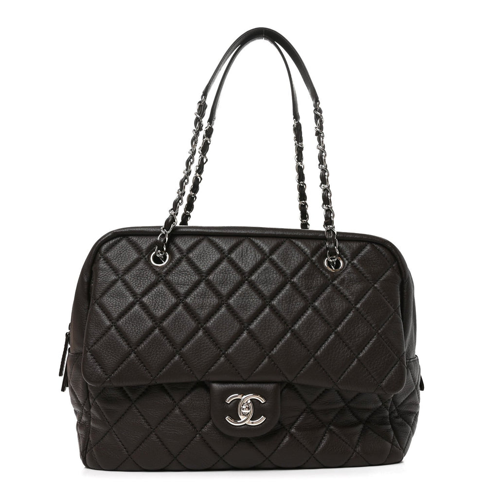 Chanel Lambskin Quilted Travel Flap Tote Dark Brown