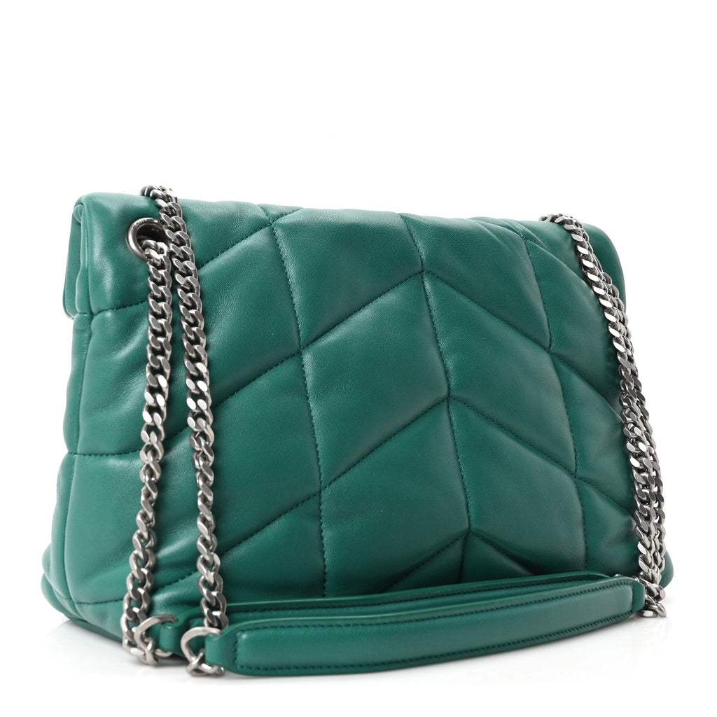 Saint Laurent Lambskin Quilted Small Loulou Puffer Monogram Chain Satchel Green Field