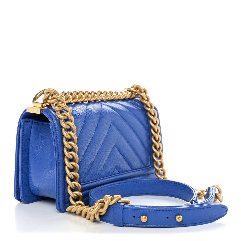 Chanel Caviar Chevron Quilted Small Boy Flap Blue