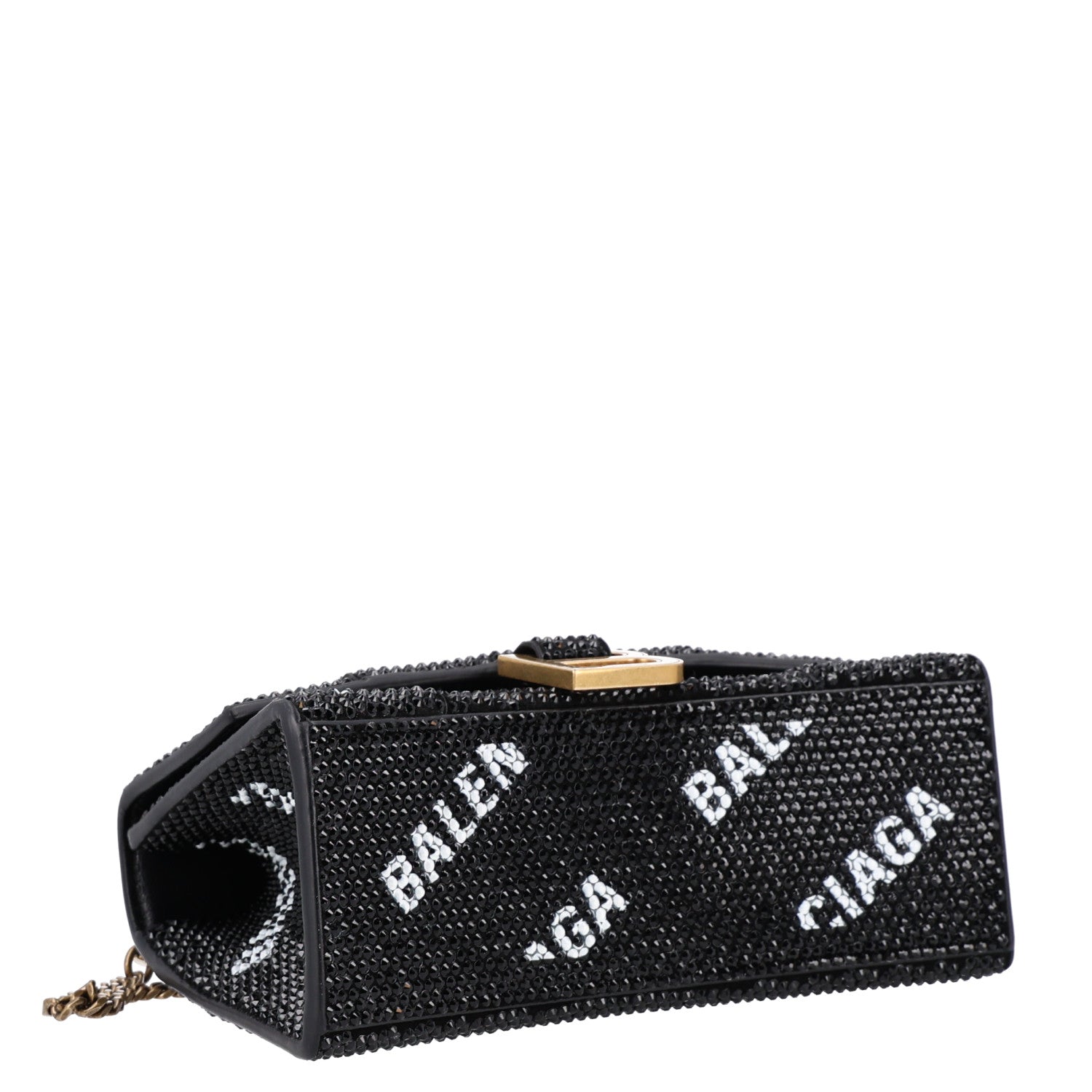 Balenciaga Strass Suede Allover Logo Hourglass Top Handle Bag XS with Chain Black White