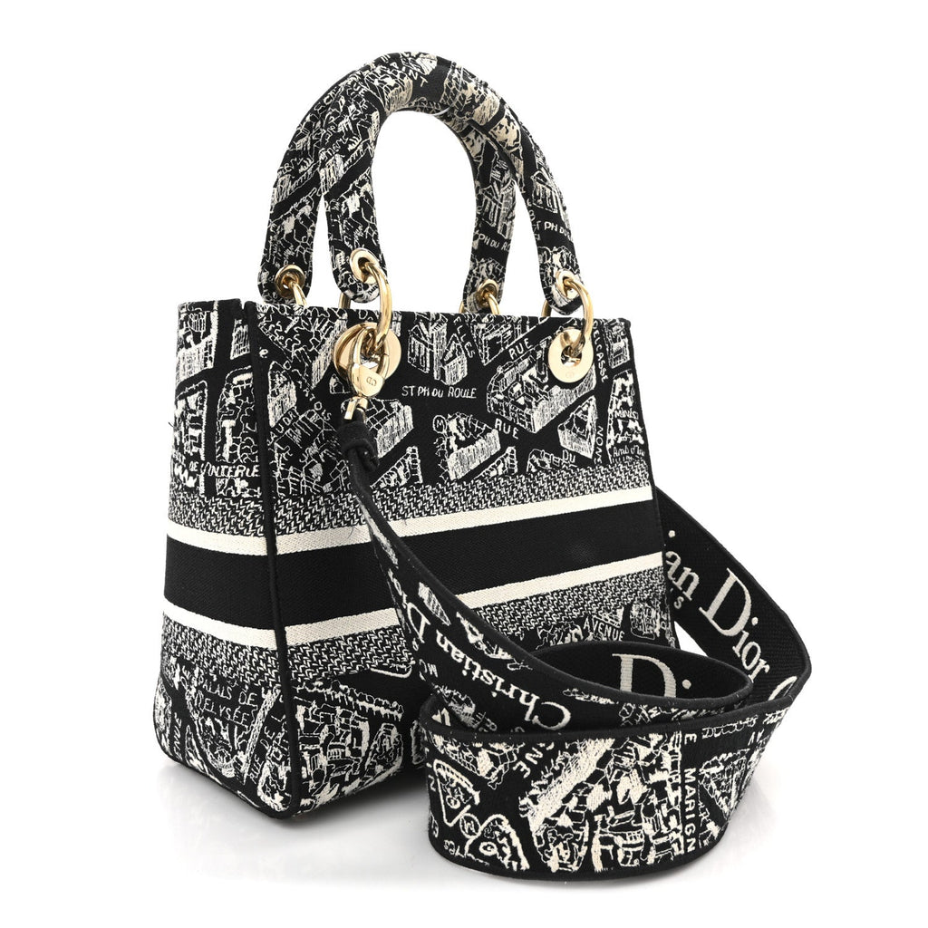 Dior Canvas Embroidered Medium Plan de Paris Lady D-Lite Black White