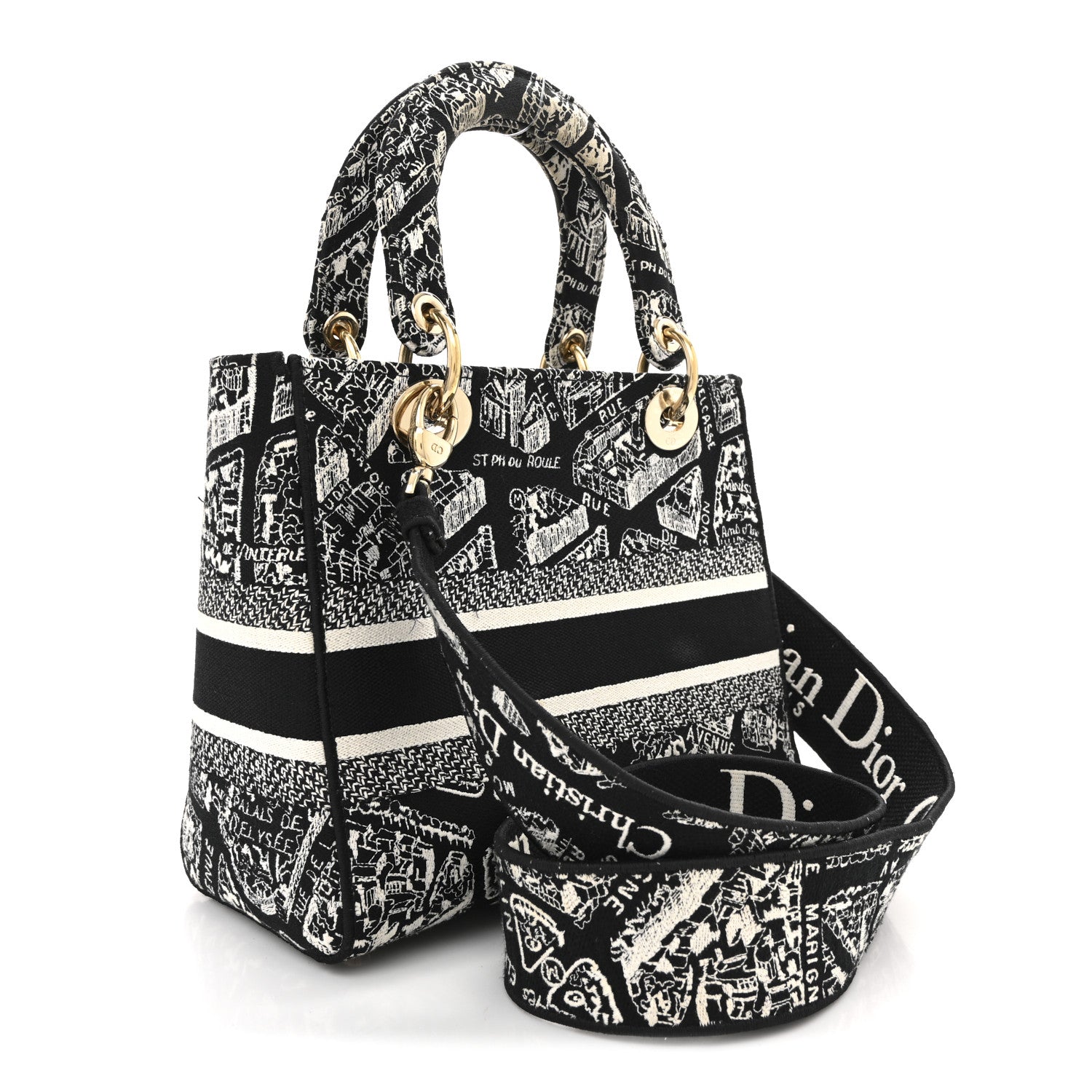 Dior Canvas Embroidered Medium Plan de Paris Lady D-Lite Black White