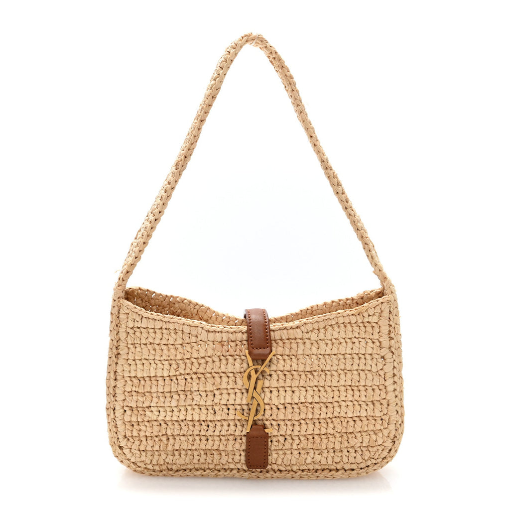 Saint Laurent Raffia Calfskin Le 5 A 7 Mini Hobo Natural Brick