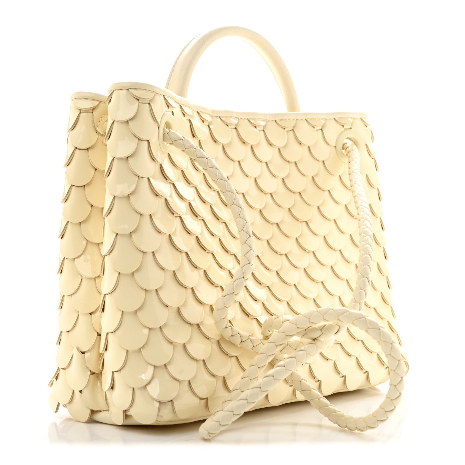 Bottega Veneta Patent Calfskin Fish Scale Small Andiamo Shoulder Bag Chamomile