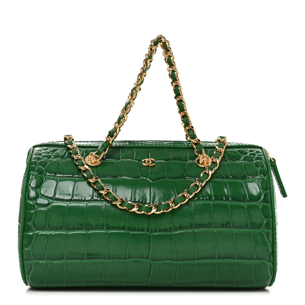 Chanel Calfskin Crocodile Embossed Mini Bowling Clutch With Chain Green