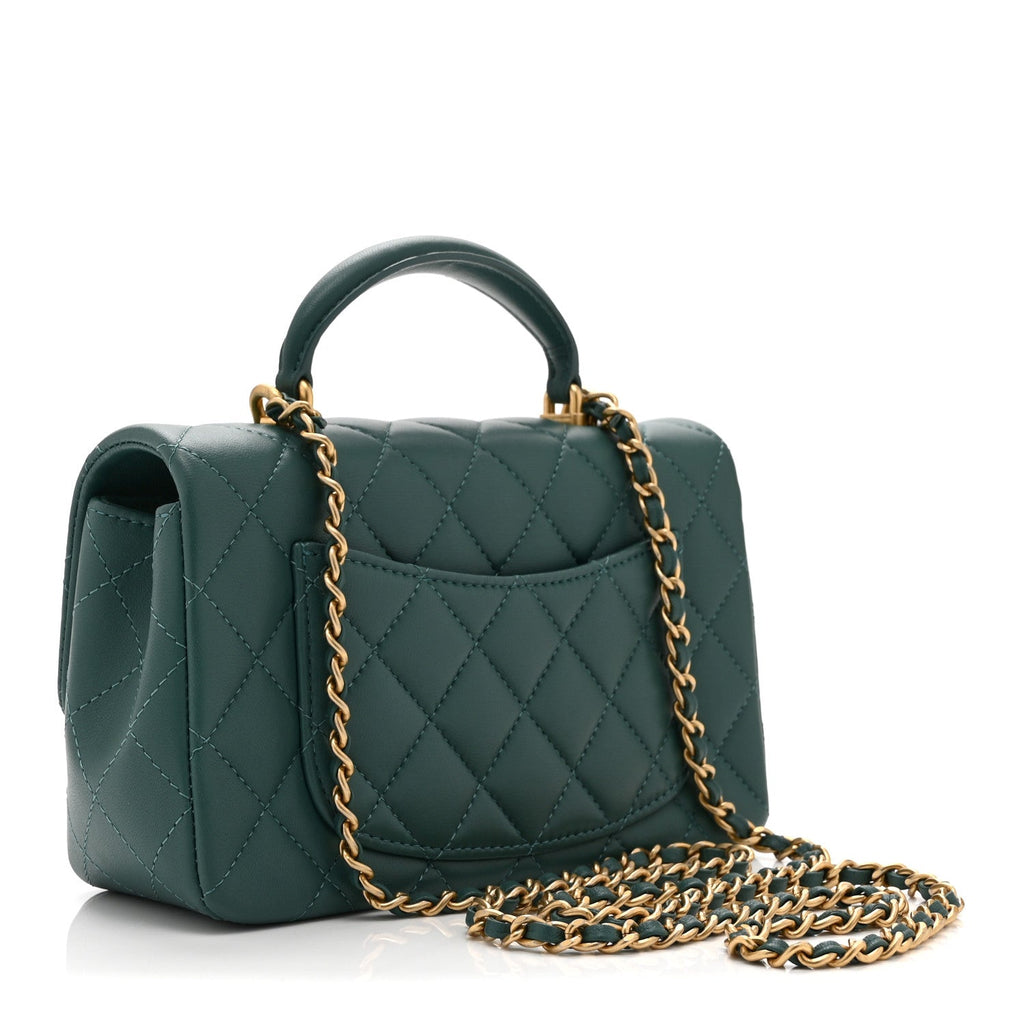 Chanel Lambskin Quilted Mini Top Handle Rectangular Flap Green