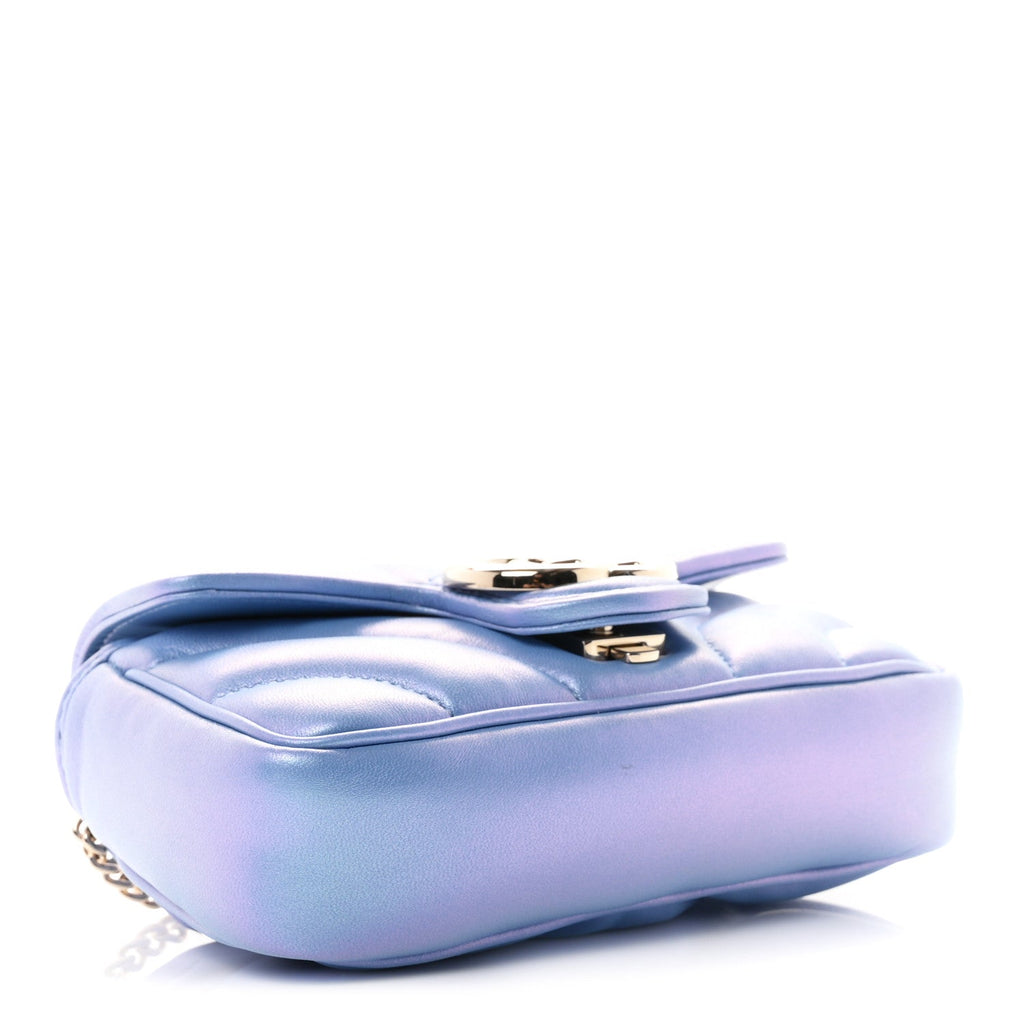 Gucci Iridescent Nappa Chevron Matelasse Super Mini GG Marmont Shoulder Bag Mindful Azure
