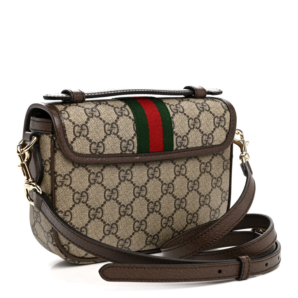 Gucci GG Supreme Monogram Textured Dollar Calfskin Small Ophidia Top Handle Shoulder Bag Beige Brown
