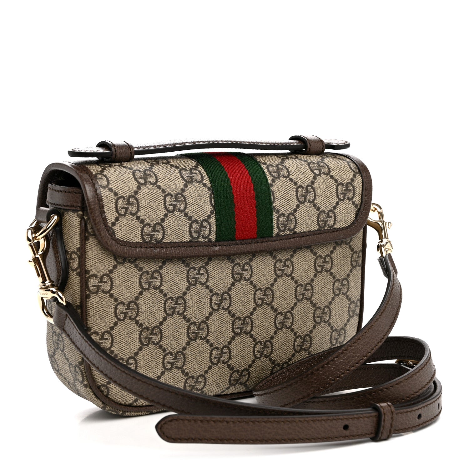 Gucci GG Supreme Monogram Textured Dollar Calfskin Small Ophidia Top Handle Shoulder Bag Beige Brown