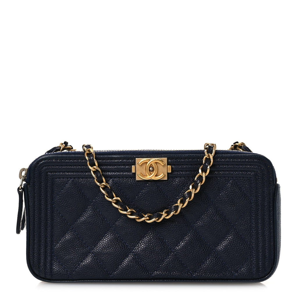 Chanel Caviar Quilted Small Boy Clutch With Chain Dark Blue