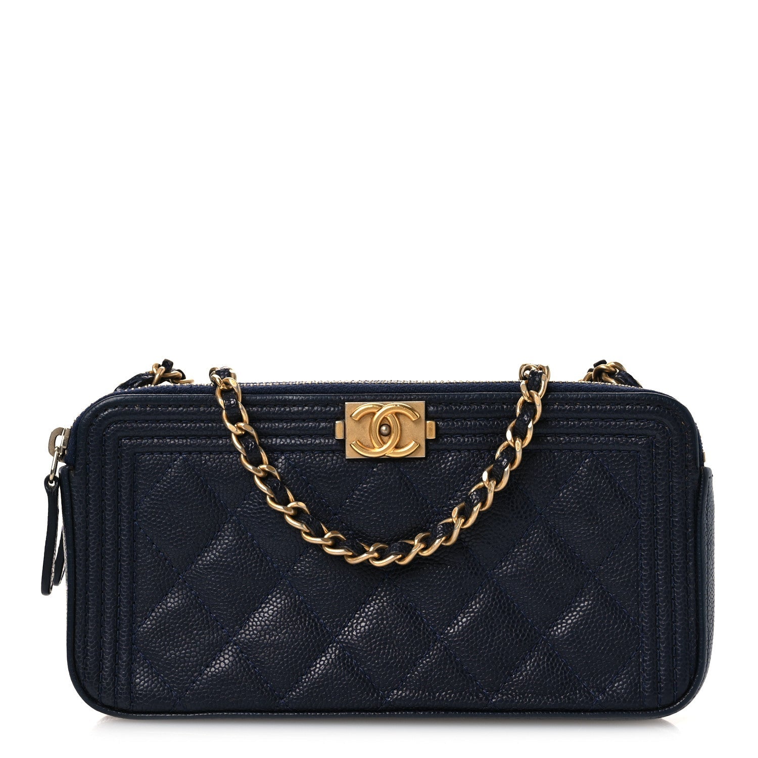 Chanel Caviar Quilted Small Boy Clutch With Chain Dark Blue