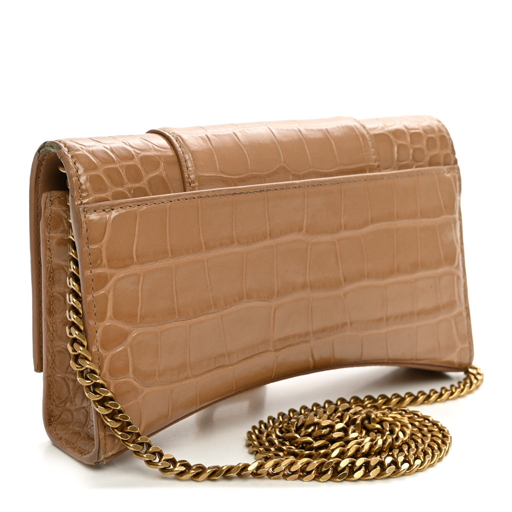 Balenciaga Shiny Calfskin Crocodile Embossed Hourglass Chain Bag Nude Beige