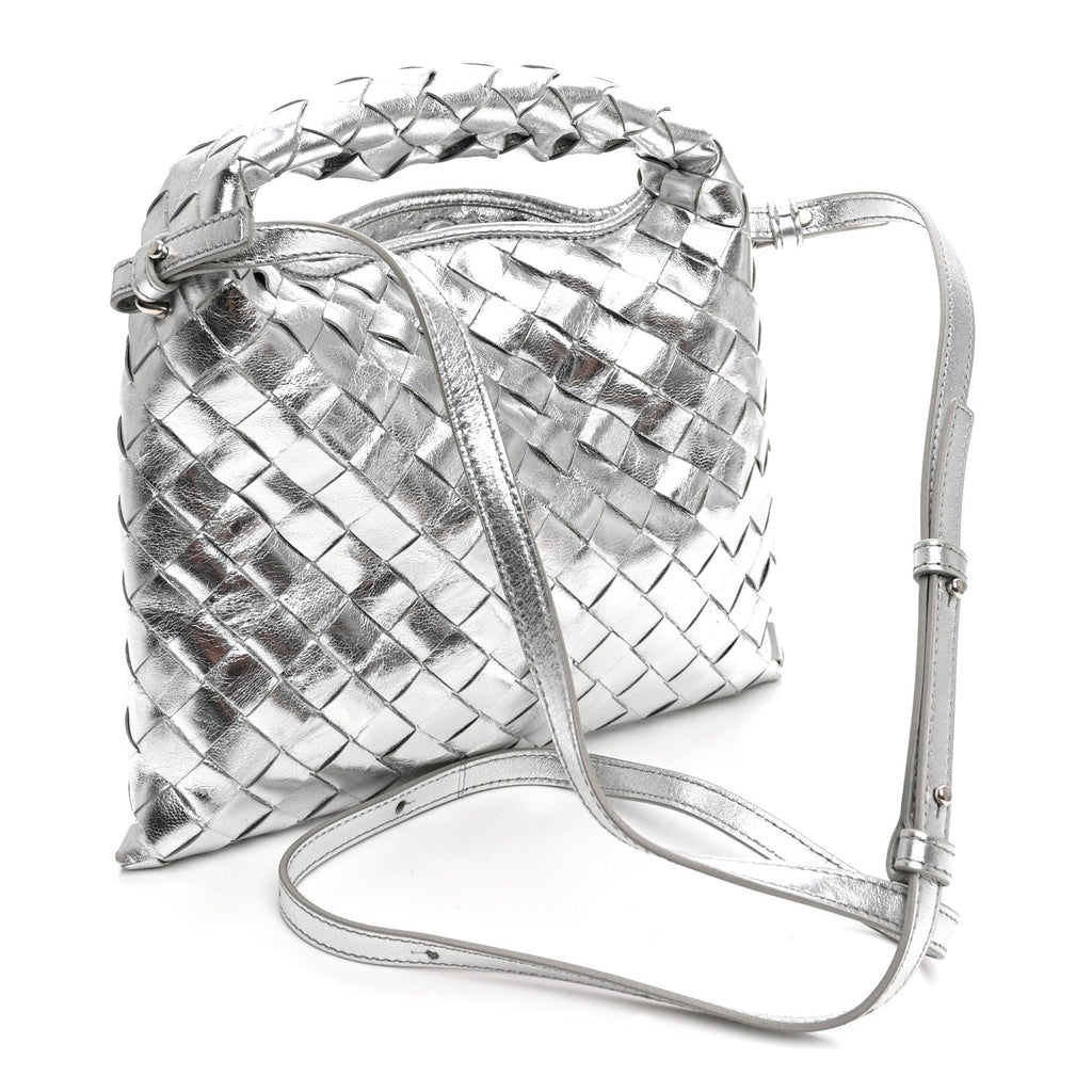 Bottega Veneta Metallic Lambskin Intrecciato Mini Hop Silver