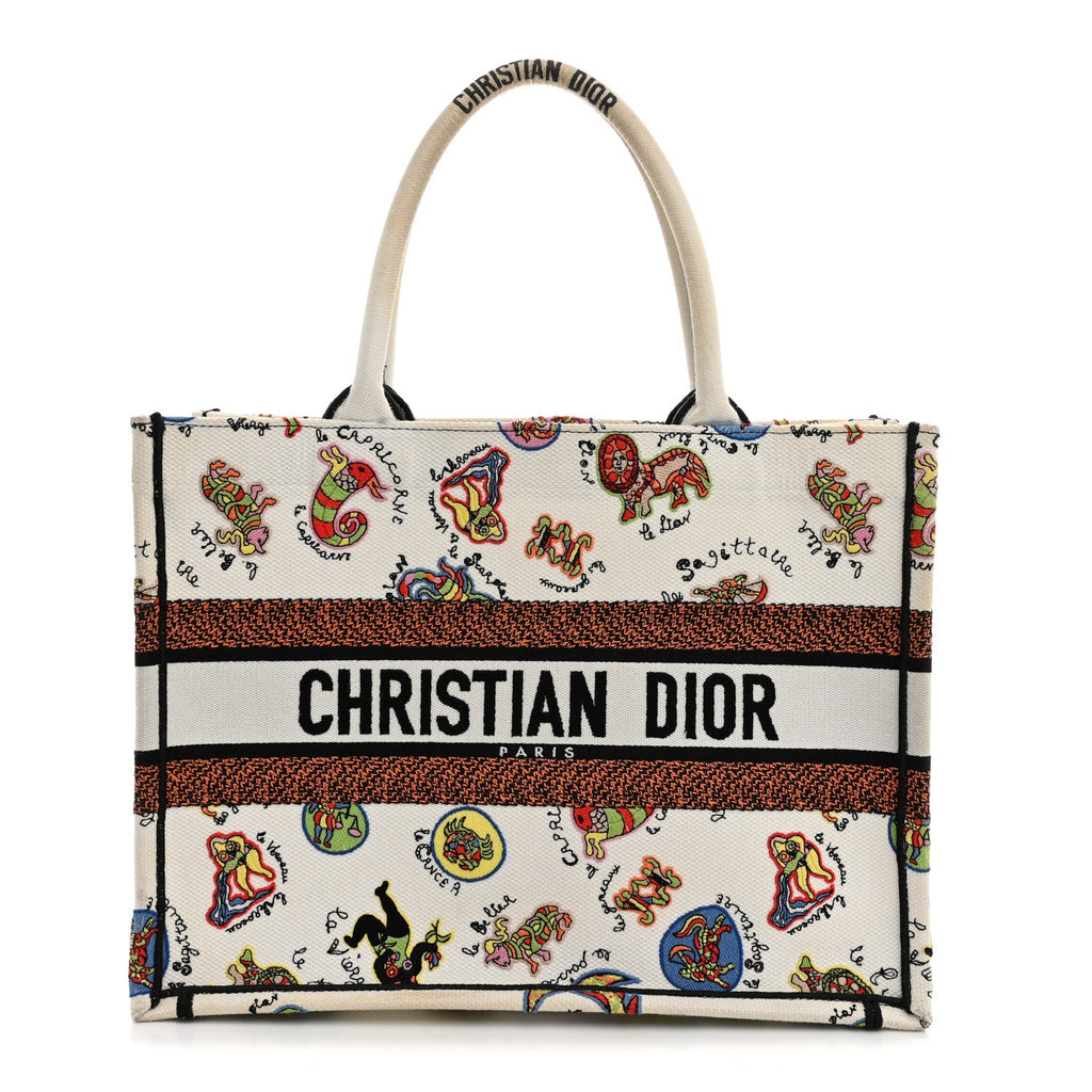 Dior Canvas Embroidered Dragon Zodiac Medium Book Tote White Multicolor