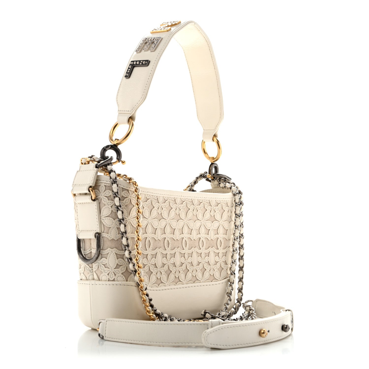 Chanel Calfskin Wool Felt Embossed Small Gabrielle Logo Hobo White