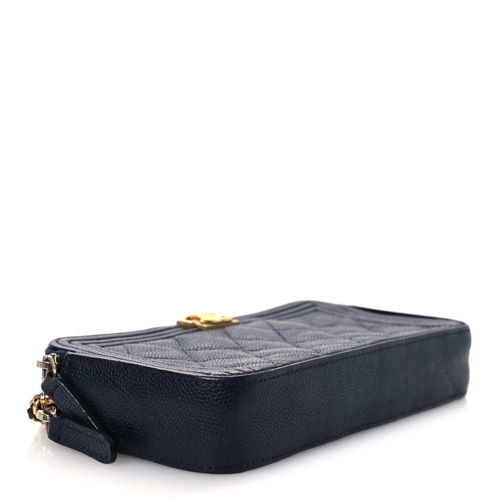 Chanel Caviar Quilted Small Boy Clutch With Chain Dark Blue