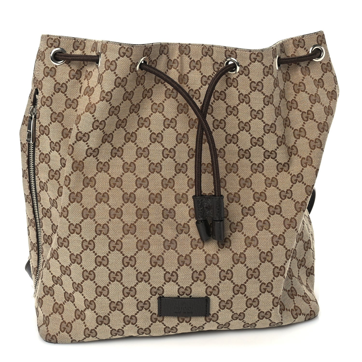 Gucci Monogram Dollar Calfskin O Drawstring Backpack Beige Ebony Testa di Moro Dark Chocolate