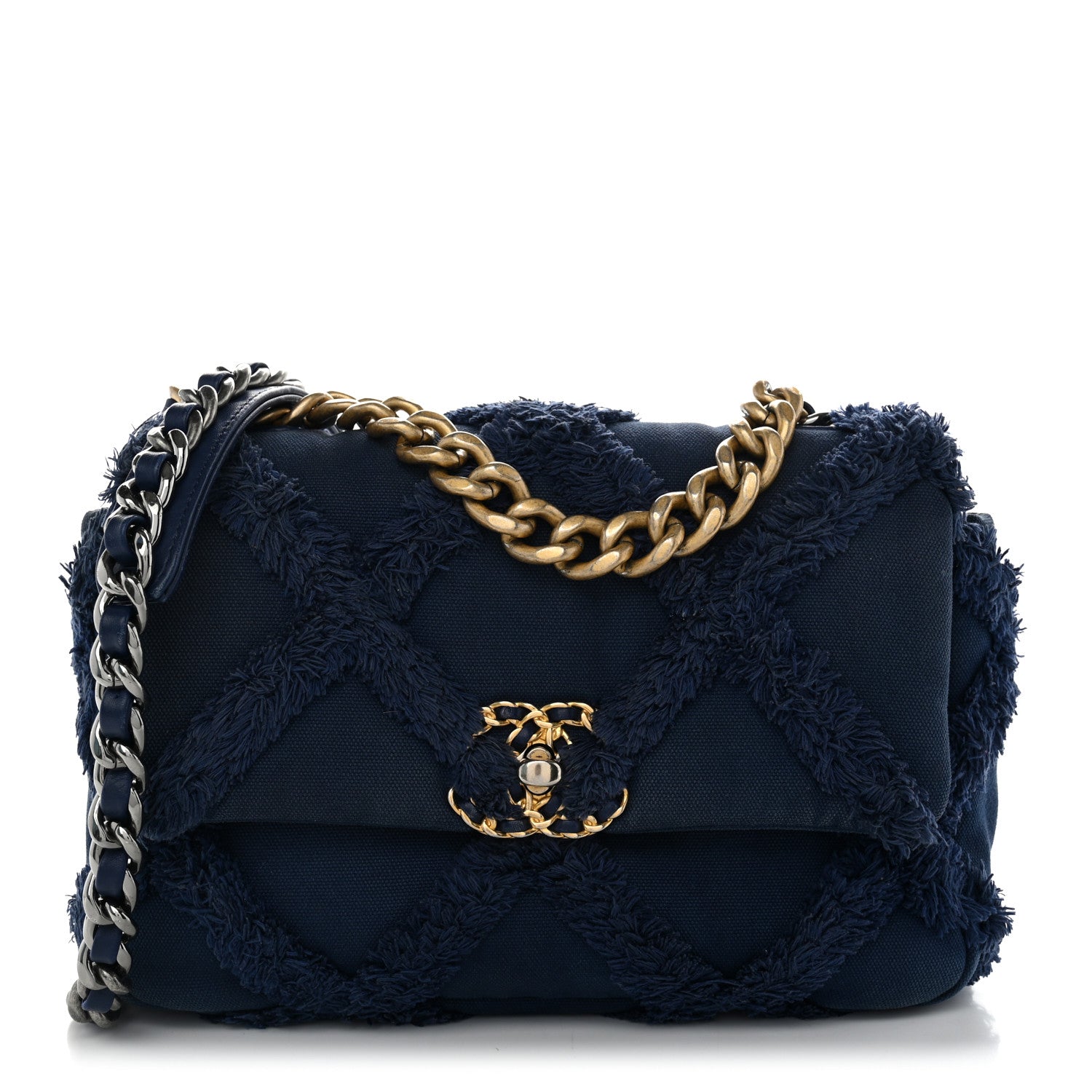 Chanel Cotton Canvas Quilted Medium Chanel 19 Flap Navy Blue