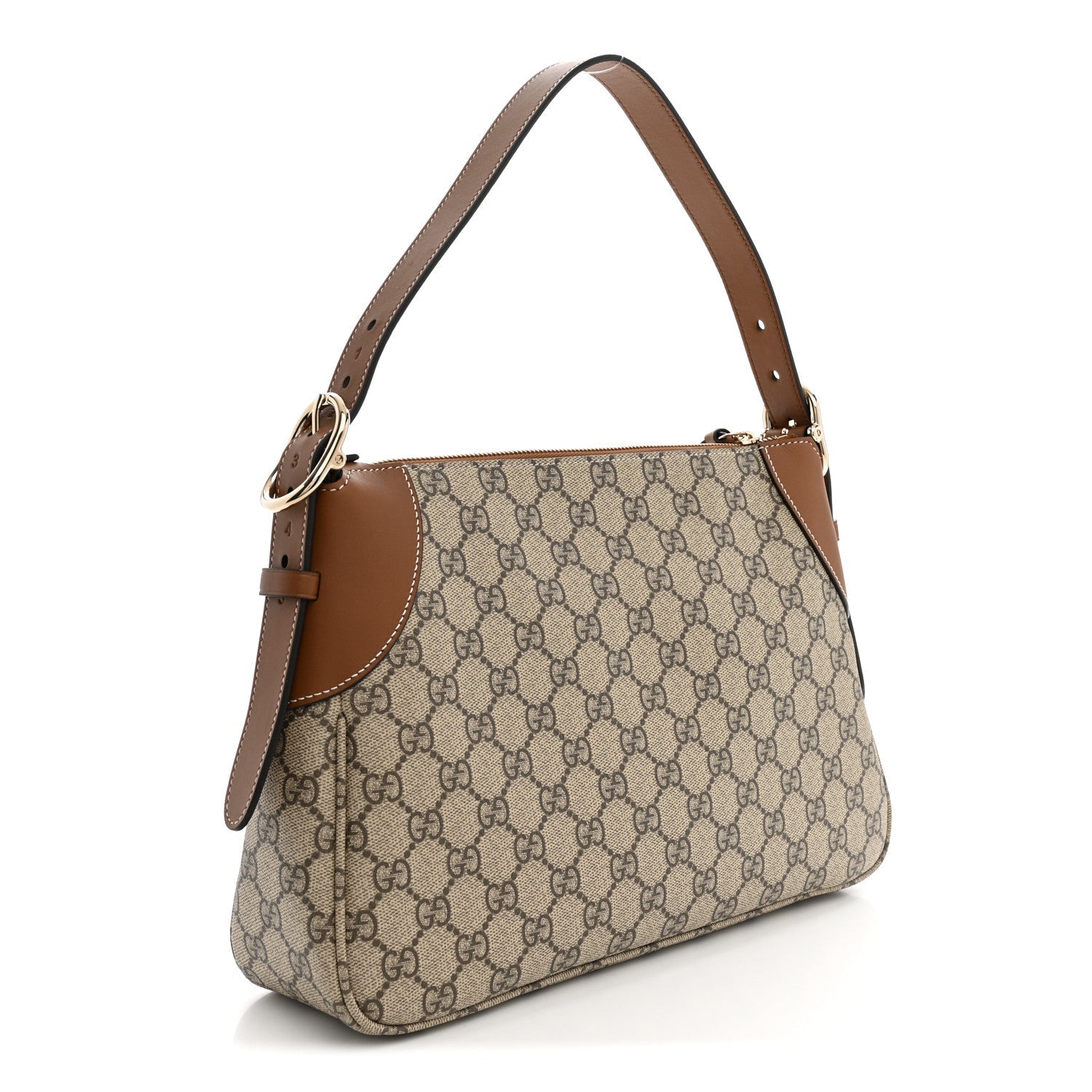 Gucci GG Supreme Monogram Textured Calfskin Medium Emblem Shoulder Bag Beige Dark Brown