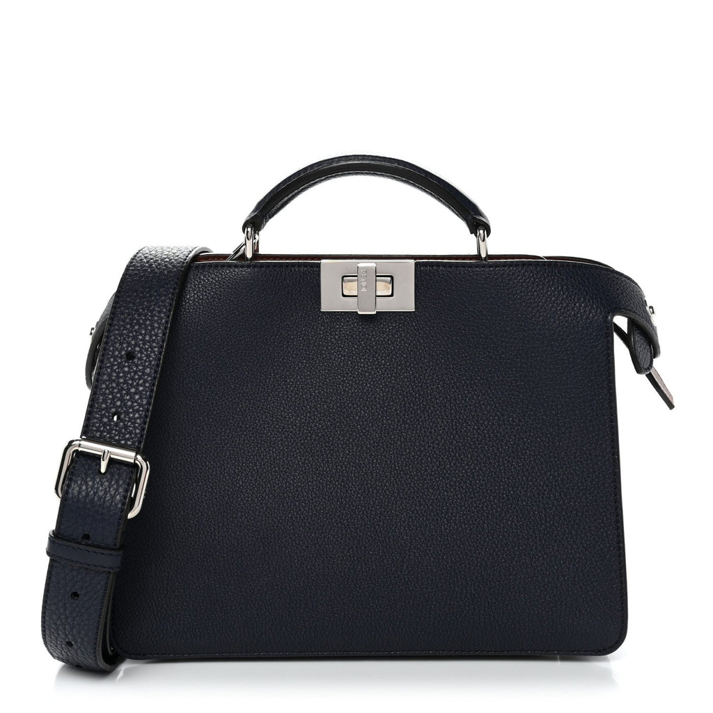 Fendi Cuoio Romano Vitello Cover Glazed Fabric Bi-Color FF 1974 Mini Peekaboo I SEE U Satchel Blue Dark Brown Tobacco Moro
