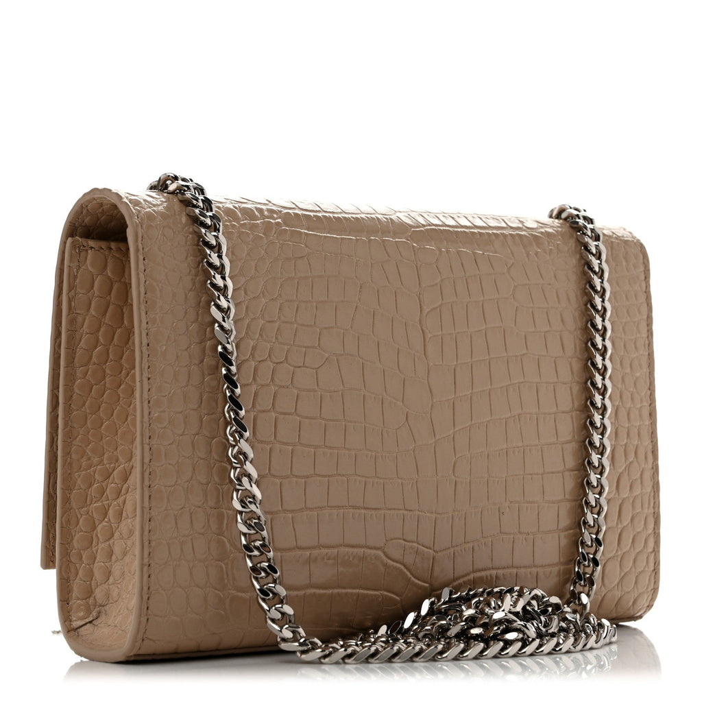 Saint Laurent Calfskin Crocodile Embossed Small Classic Monogram Kate Tassel Satchel Beige