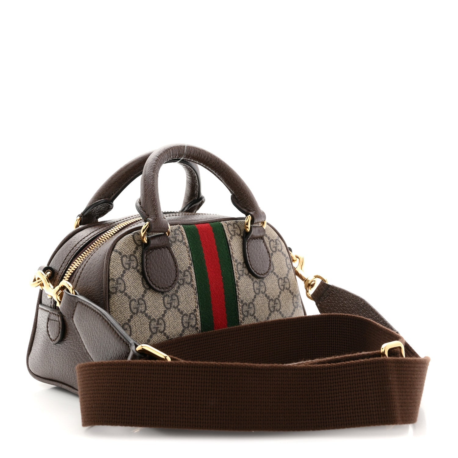 Gucci GG Supreme Monogram Textured Dollar Calfskin Web Mini Ophidia Top Handle Bowler Bag Beige Ebony New Acero