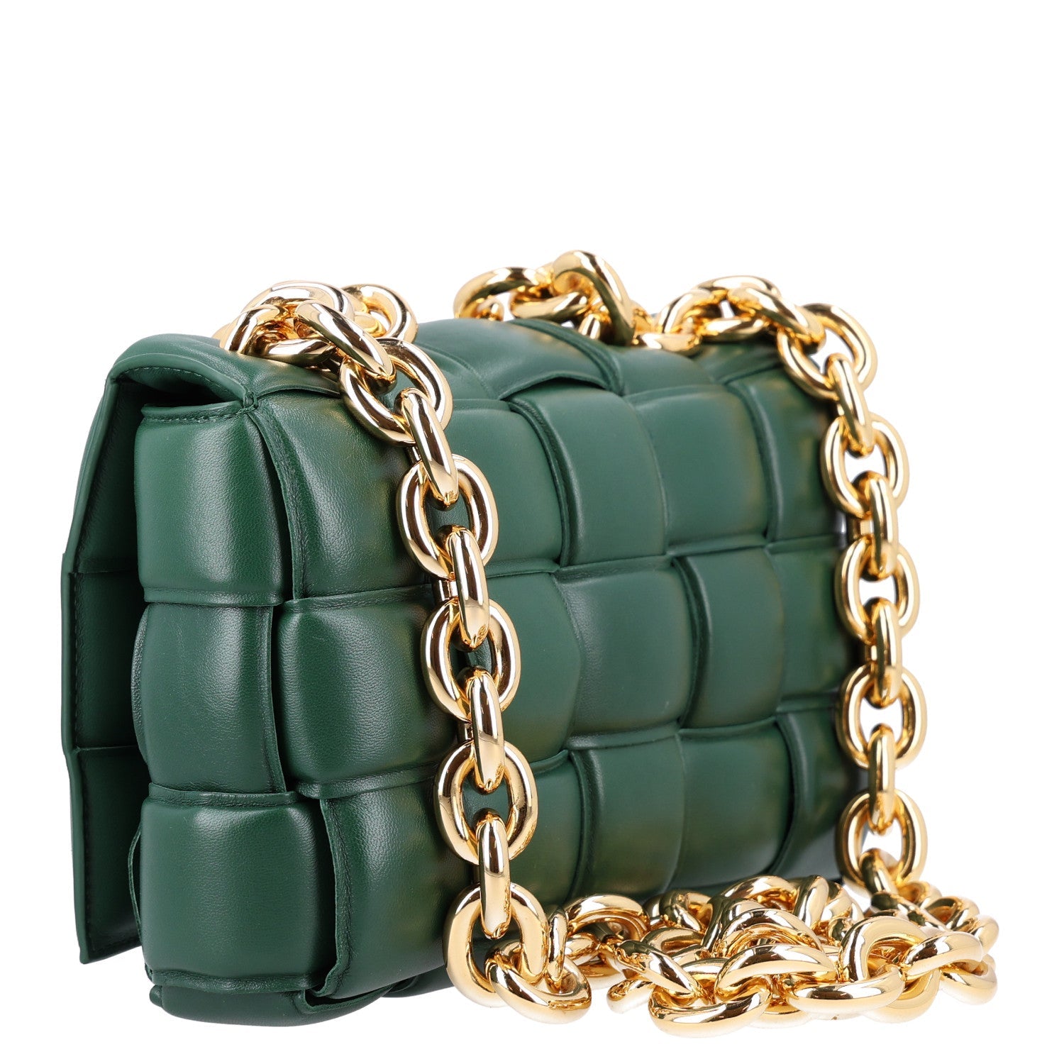 Bottega Veneta Lambskin Maxi Intreccio Padded Chain Cassette Crossbody Bag Raintree