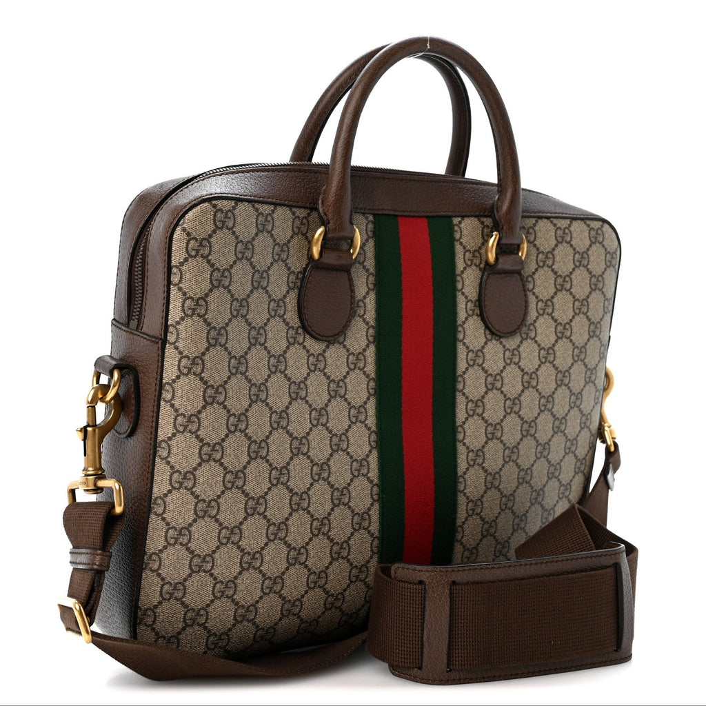 Gucci GG Supreme Monogram Textured Calfskin Web Medium Ophidia Briefcase Beige Ebony New Acero