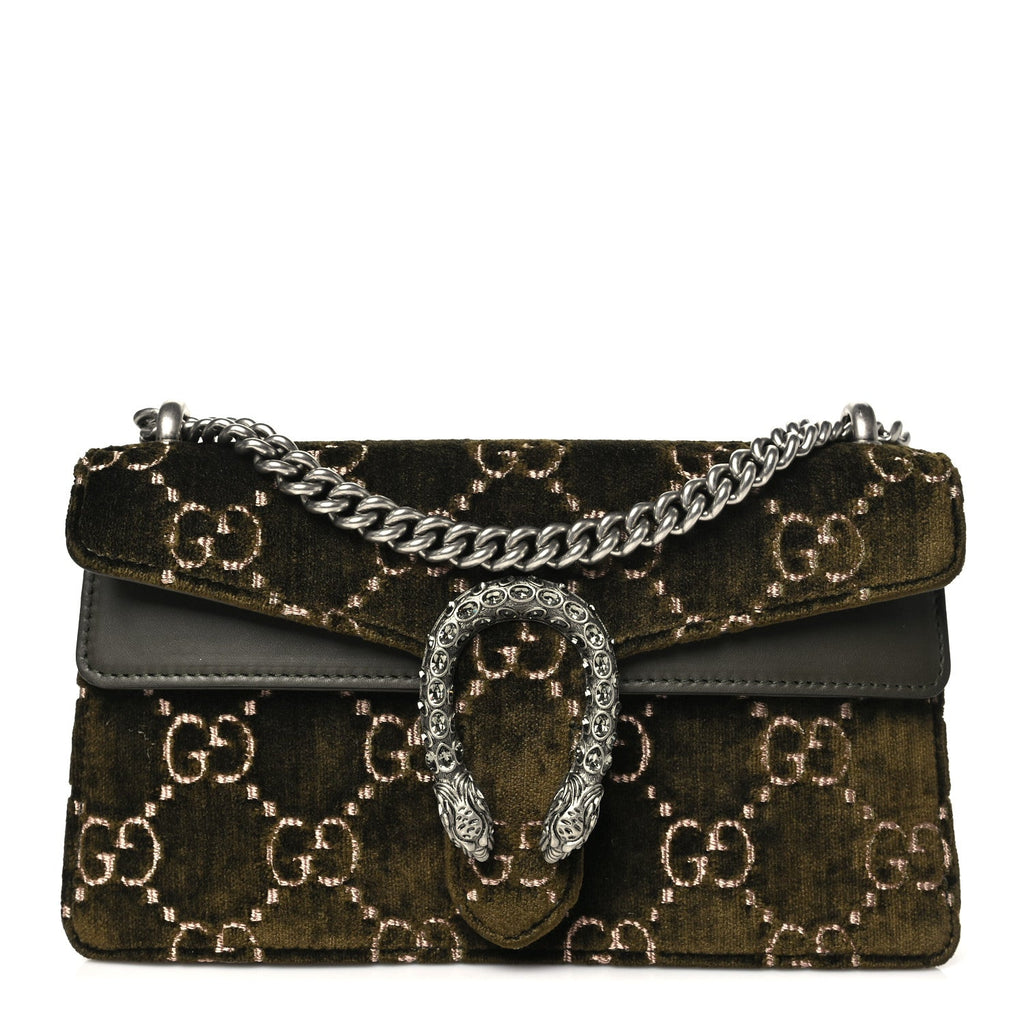 Gucci Velvet Moon Calfskin Crystal GG Monogram Small Dionysus Shoulder Bag Dark Olive Rose Gold