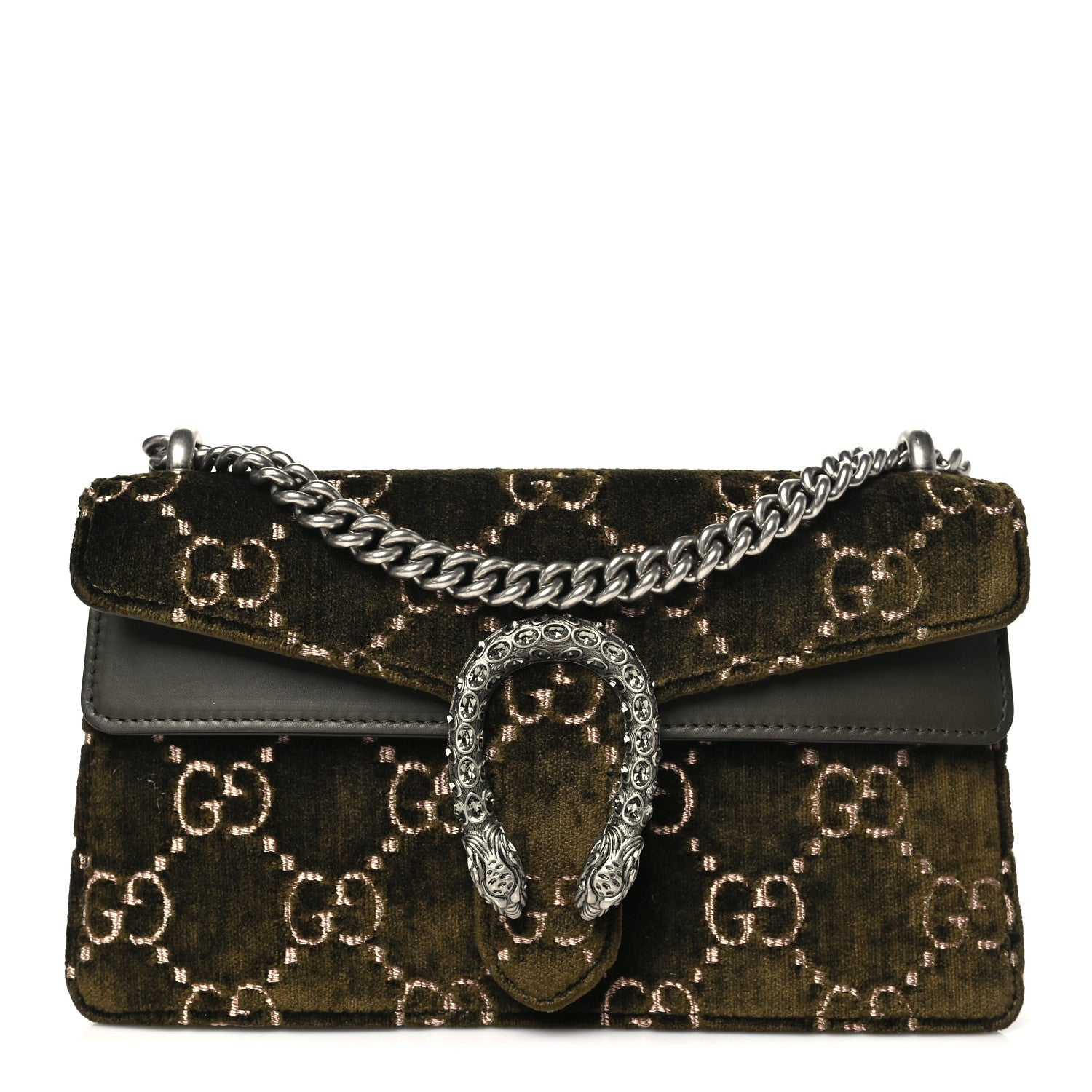 Gucci Velvet Moon Calfskin Crystal GG Monogram Small Dionysus Shoulder Bag Dark Olive Rose Gold