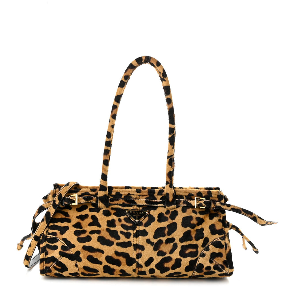 Prada Pony Hair Leopard Print Triangle Medium Bonnie Shoulder Bag Honey
