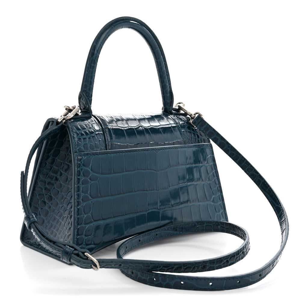 Balenciaga Shiny Calfskin Crocodile Embossed Small Hourglass Top Handle Bag Dark Petrol Blue