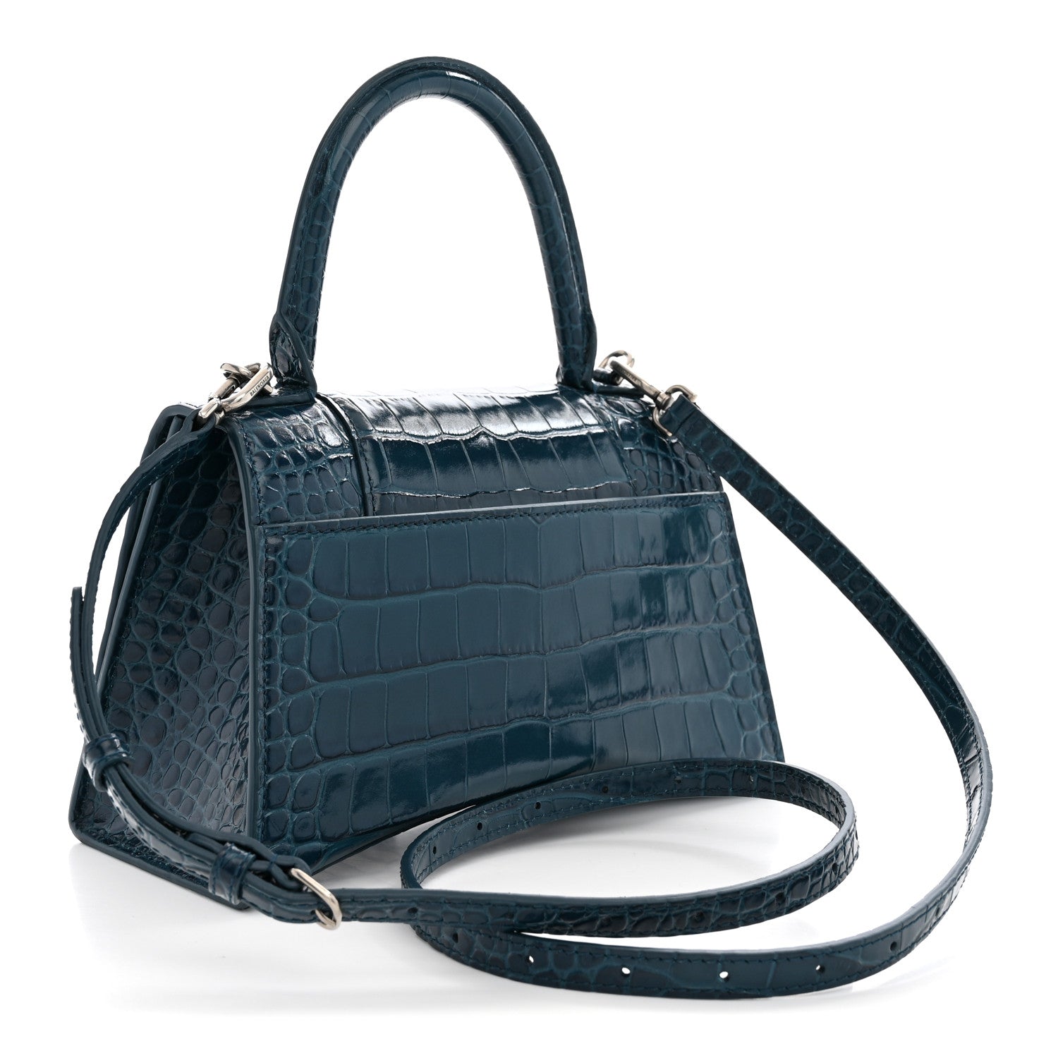Balenciaga Shiny Calfskin Crocodile Embossed Small Hourglass Top Handle Bag Dark Petrol Blue
