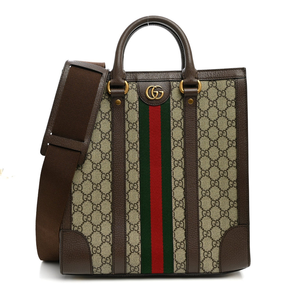 Gucci GG Supreme Monogram Textured Dollar Calfskin Web Medium Ophidia Tote Bag Beige Ebony