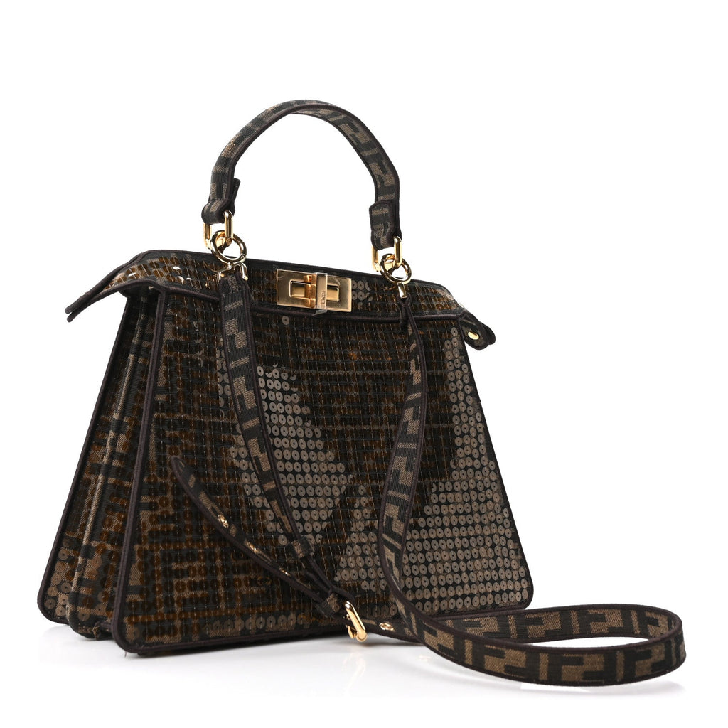 Fendi Fabric Jacquard Paillettes Vitello Seta FF 1974 Medium Peekaboo I SEE U Satchel Tobacco Moro