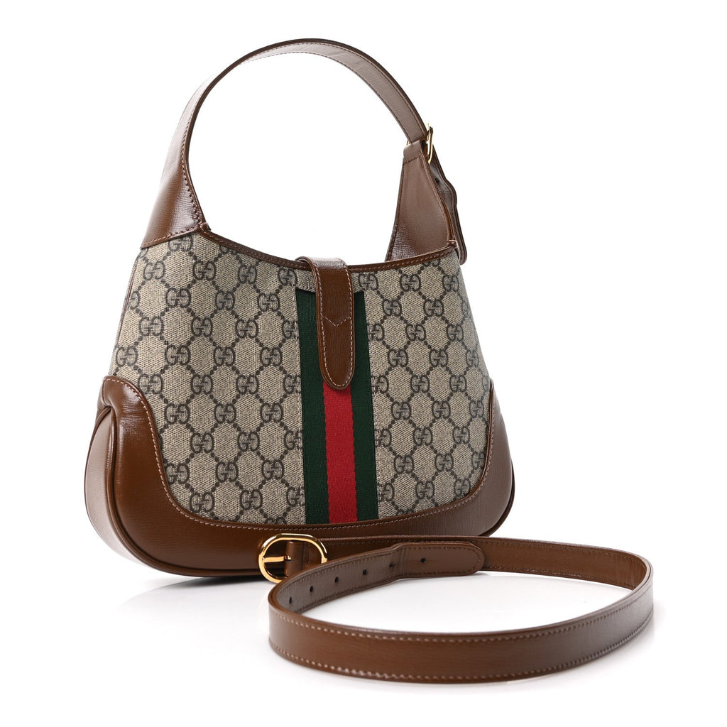 Gucci GG Supreme Monogram Azalea Calfskin Web Small Jackie 1961 Hobo Beige Ebony Brown Sugar