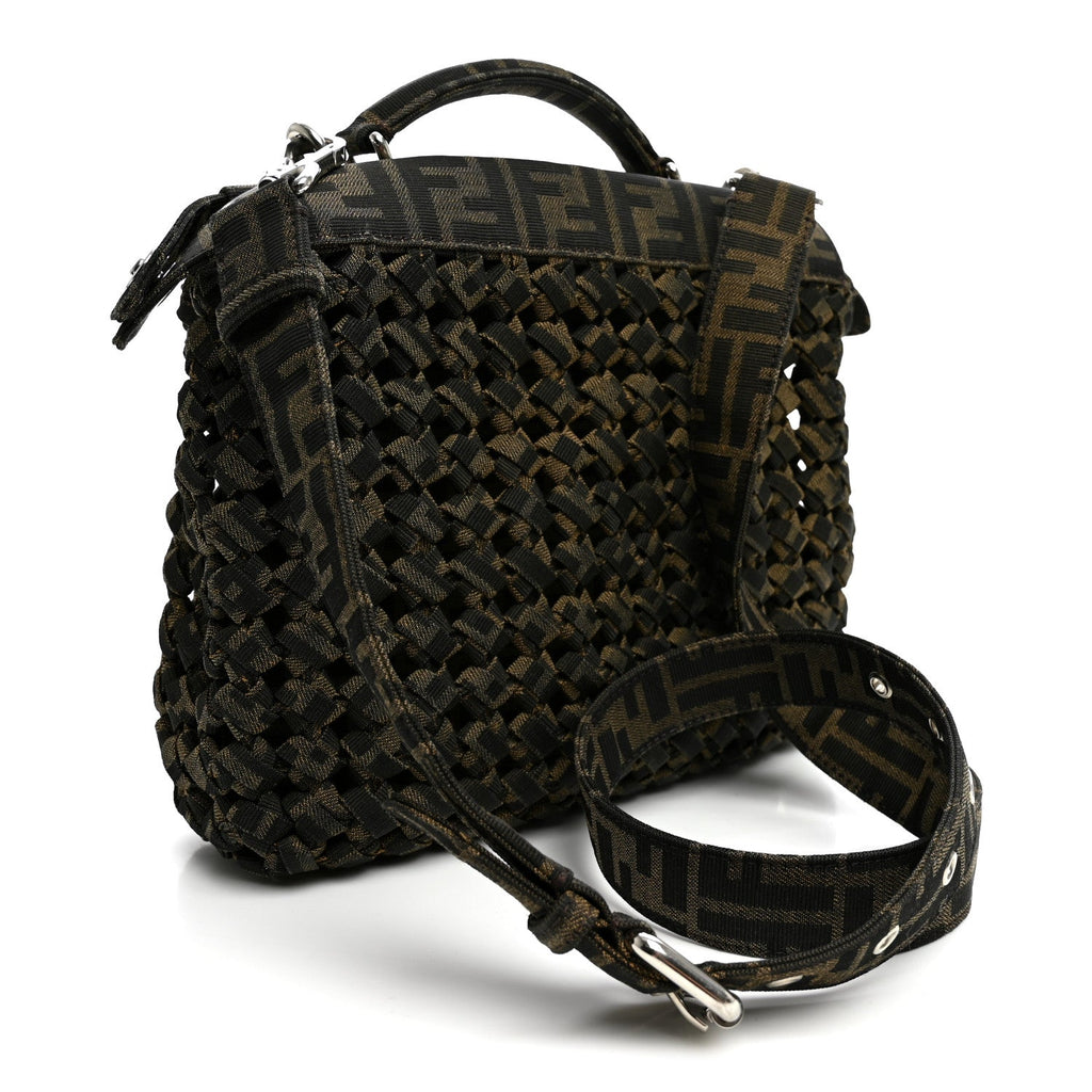 Fendi Fabric Jacquard FF 1974 Woven Knotted Mini Peekaboo I SEE U Satchel Tobacco Moro