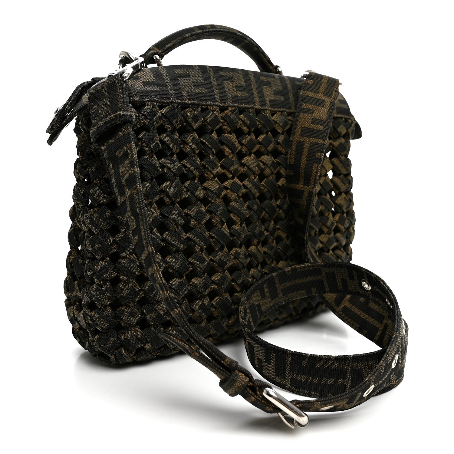 Fendi Fabric Jacquard FF 1974 Woven Knotted Mini Peekaboo I SEE U Satchel Tobacco Moro