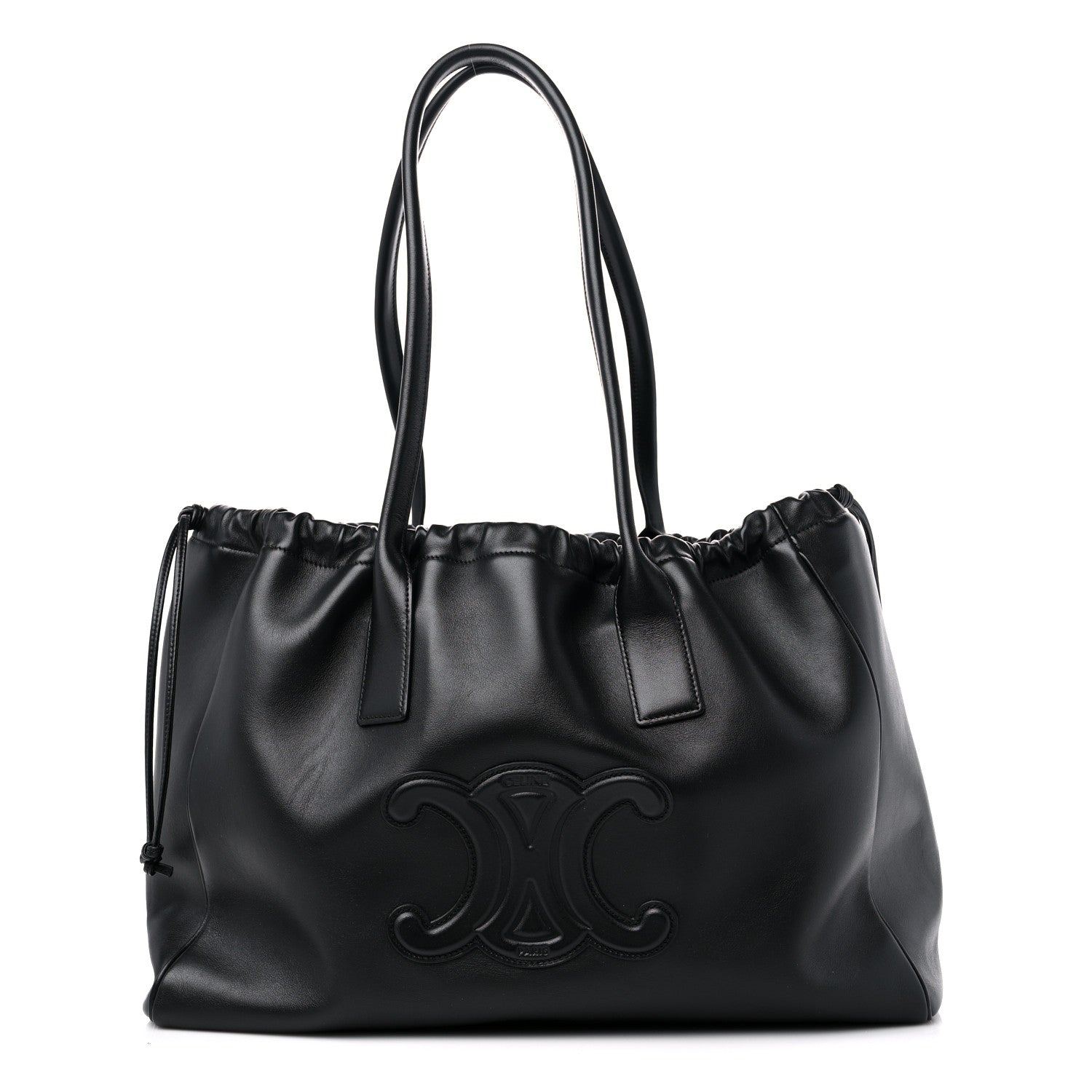 Front view — Celine Compact Tote in Cuir Triomphe black calfskin with large embossed Triomphe logo